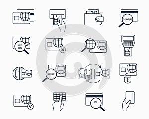 Debit and credit card payment icons. Safe electronic banking outline vector icon set