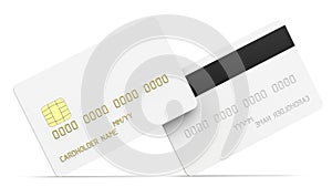 Debit plastic card or credit card, white with gold symbols. 3D render of blank white double-sided template for mock up