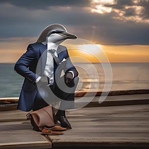 A debonair dolphin in a suit and tie, posing for a portrait in front of a seascape2