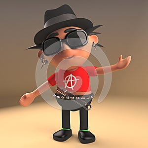 Debonair punk rock cartoon character wearing a trilby pork pie hat, 3d illustration