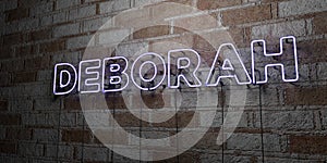 DEBORAH - Glowing Neon Sign on stonework wall - 3D rendered royalty free stock illustration