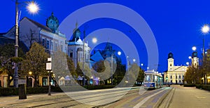 Debrecen streets with Great Protestant Church at night