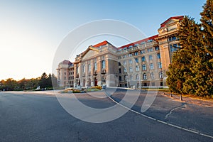 Debrecen University building, beautiful and unique construction at sunset