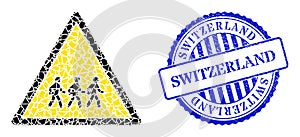 Debris Mosaic Pedestrian Men Danger Icon with Switzerland Textured Stamp