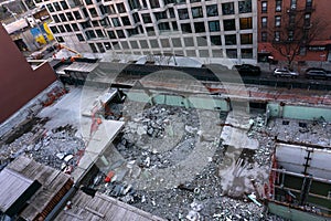 Debris and remains of demolished building. Broken bricks and stones