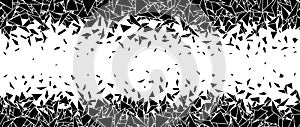 Debris and shatters in horizontal repeating border. Black broken triangle pieces, specks, speckles, particles, shivers