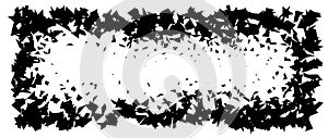 Debris and shatters in rectangle shape. Black broken pieces, specks, speckles, particles, shivers. Abstract explosion