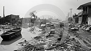 Debris and wreckage litter the streets evidence of the destructive force of the storm surge that swept through the town