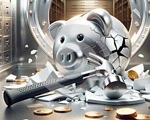 Debt Bubble Broken Piggy Bank Personal Dollars Saving Money Banking Global Currency Gold Coins Hammer AI Generated