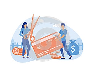 Debt burden concept. Man with scissors cuts chain of young guy with card. Financial illiteracy and debt, bankruptcy and mortgage.