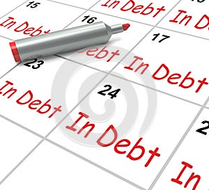 In Debt Calendar Shows Money Owing And Due