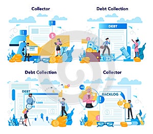 Debt collector concept set. Pursuing payment of debt owed by person