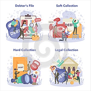 Debt collector concept set. Pursuing payment of debt owed by person