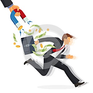 Debt collector man with money running away on vector illustration