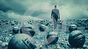 Businessperson walking into a field of landmines photo