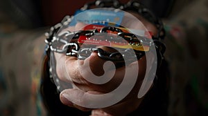 Hands bound by chains of credit cards representing photo