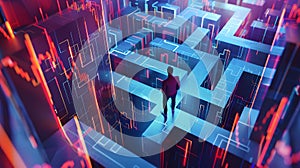 Individual lost in a maze made of stock market graph photo
