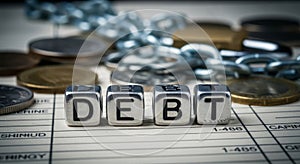 Debt Financial Concept Silver Metallic Letter Cubes Spelling DEBT on Financial Spreadsheet with Coins