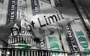 Debt Limit newspaper headline on hundred dollar bills with cracked United States Capitol dome representing political gridlock