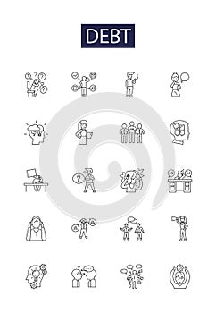 Debt line vector icons and signs. Loan, Obligation, Plight, Owing, Deficit, Burden, Deterioration, Borrowing outline