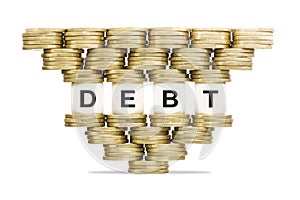 Debt Management Word DEBT on Unstable Stack of Gold Coins