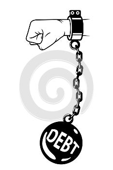 Debt shackles, weight metal ball with chain on wrist, prisoner fetter, debtor encumbrance concept photo