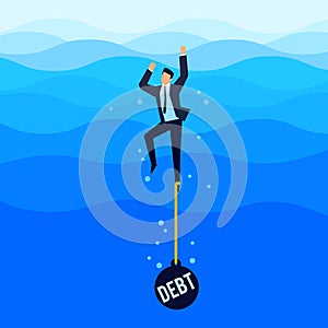 Debtor. Debt concept. Businessman drowns in the sea.
