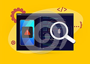 Debug Mobile Application, Software App Development concept. Test and fixing application, mobile debugging tools. Flat