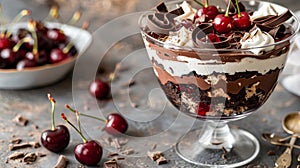 Decadent Black Forest Trifle Dessert with Fresh Cherries and Chocolate Shavings