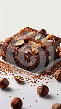 Decadent brownie slice adorned with hazelnuts, on pristine white canvas