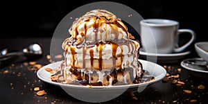 Decadent caramel drizzle over rich coffee ice cream sprinkled with chocolate chips a delightful sweet treat