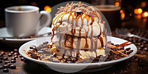 Decadent caramel drizzle over rich coffee ice cream sprinkled with chocolate chips a delightful sweet treat