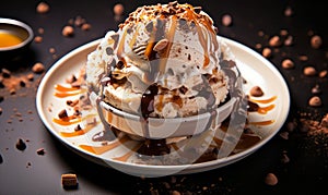 Decadent caramel drizzle over rich coffee ice cream sprinkled with chocolate chips a delightful sweet treat