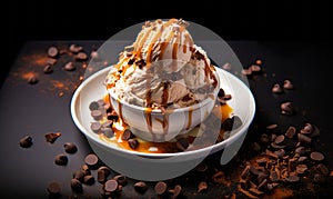 Decadent caramel drizzle over rich coffee ice cream sprinkled with chocolate chips a delightful sweet treat