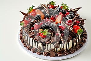Decadent chocolate and berry cake photo