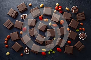 Decadent chocolate blocks, indulgent dark chocolate bar segments