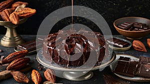 Decadent Chocolate Cake Drizzled with Rich Ganache on Dark Background