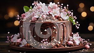 A decadent chocolate cake with fresh berries and floral decoration generated by AI