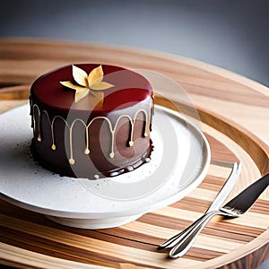 A decadent chocolate cake, layered with rich ganache and decorated with edible gold leaf. Ai generated