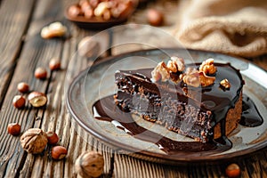 Decadent chocolate cake with walnuts photo