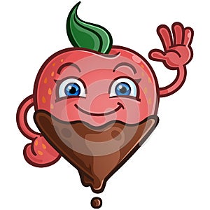 A decadent chocolate covered strawberry cartoon character smiling and waving to his valentine