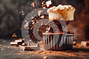 Decadent Chocolate Cupcake with Vanilla Frosting and Chocolate Shavings Exploding in Dynamic Motion on Rustic Background