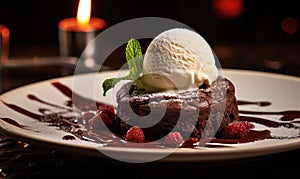 Decadent Chocolate Dessert With Ice Cream and Raspberries on a Plate