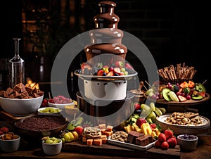 A decadent chocolate fountain surrounded by platters of fresh fruit and marshmallows created with Generative AI