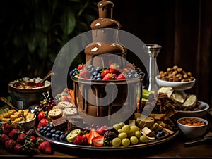 A decadent chocolate fountain surrounded by platters of fresh fruit and marshmallows created with Generative AI