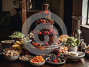 A decadent chocolate fountain surrounded by platters of fresh fruit and marshmallows created with Generative AI