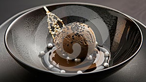 Decadent Chocolate Ice Cream Scoop with Elegant Garnish on Dark Plate