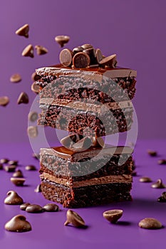 Decadent Chocolate Layer Cake with Ganache and Chocolate Drops on Purple Background