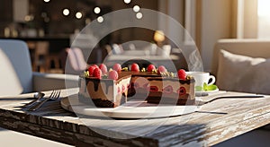 Decadent Chocolate Raspberry Mousse Cake with Drizzled Ganache and Fresh Berries