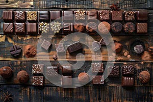 Decadent Chocolate Selection on Dark Wood Background. Concept Chocolate, Decadent, Selection, Dark